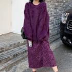 Furry Sweater / Floral Print Midi A-line Skirt