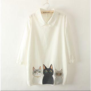 Cat Embroidered 3/4-sleeve Shirt