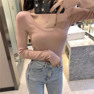 Plain Scoop Neck Long-sleeve T-shirt