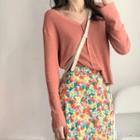 Button Knit Top / Floral Midi A-line Skirt