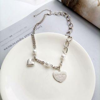 Faux Pearl Heart Charm Chain Choker Silver - One Size