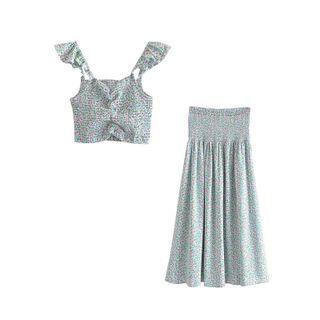 Floral Print Smocked Camisole Top / Midi A-line Skirt