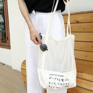 Mesh Panel Japanese Embroidered Tote Bag White - One Size