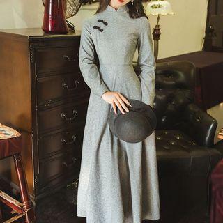 Mandarin Collar Long-sleeve A-line Maxi Dress