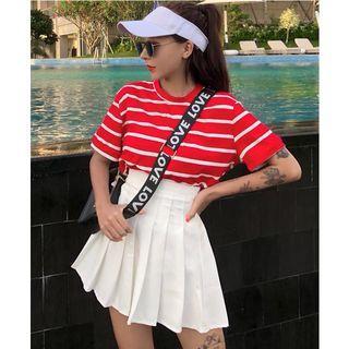 Set: Striped Short-sleeve T-shirt + Pleated Skirt