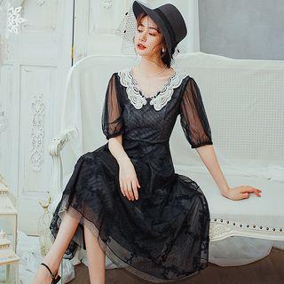 Short-sleeve  Midi Mesh Dress