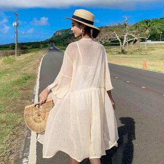 3/4-sleeve Chiffon Long Jacket As Shown In Figure - One Size