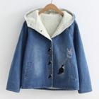 Fleece-lined Cat Embroidered Buttoned Denim Jacket