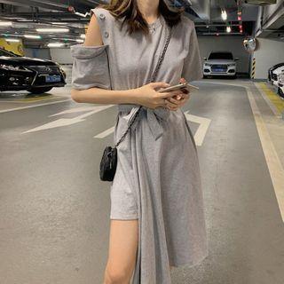 Asymmetrical Hem Short-sleeve Midi T-shirt Dress