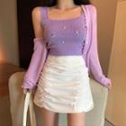Plain Cardigan / Floral Embroidered Knit Camisole Top / Ruched Mini Pencil Skirt