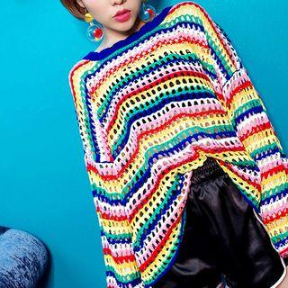Long-sleeve Rainbow Knit Top Stripes - Multicolor - One Size