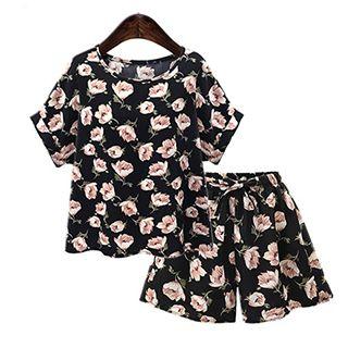 Set: Floral Print Short-sleeve T-shirt + Shorts