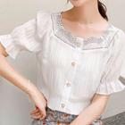 Short-sleeve Pleated Buttoned Chiffon Top
