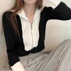 Two-tone Turtleneck Zip Cardigan Black - One Size