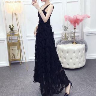Fringed Trim Spaghetti Strap A-line Evening Gown