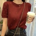 Flower Print Short-sleeve Knit Top Red - One Size