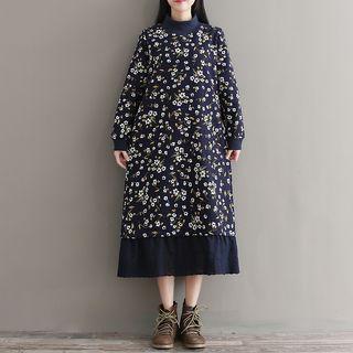 Floral Print Mock Neck Long Sleeve Midi Dress