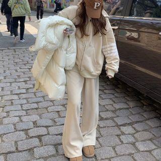 Long-sleeve Contrast Trim Hooded Jacket / Plain Wide-leg Sweatpants