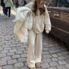 Long-sleeve Contrast Trim Hooded Jacket / Plain Wide-leg Sweatpants