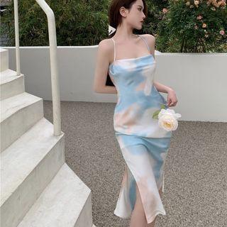 Spaghetti Strap Print Midi Dress Blue - One Size