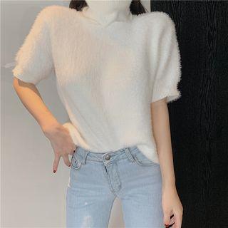 Short-sleeve Turtleneck Furry Sweater