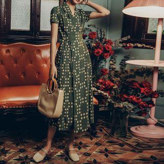 Short-sleeve Polka Dot Buttoned Midi Wrap Dress