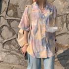 Elbow-sleeve Color Block Shirt Gray & Pink & Yellow & White - One Size