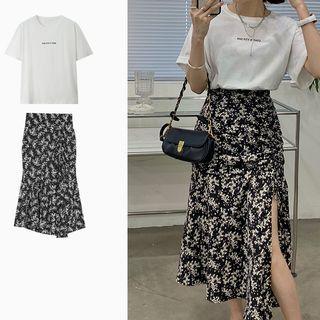 Short-sleeve Lettering T-shirt / Floral Print Midi Skirt / Set