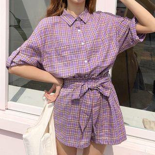 Set: Plaid Short-sleeve Shirt + Shorts Purple - One Size