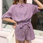 Set: Plaid Short-sleeve Shirt + Shorts Purple - One Size