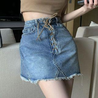Lace Up Fringed Hem Denim Mini A-line Skirt