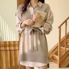 Long-sleeve Mini Shirtdress / Tie-waist Knit Vest