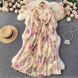 Stand-collar Ruffle Floral Chiffon Long-sleeve Dress