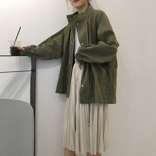 Lettering Patch Drawstring Waist Zip Jacket