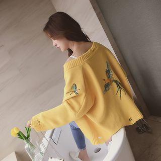 Distressed Bird Embroidered Cardigan