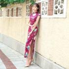 Short-sleeve Floral Print Slit-side Maxi Cheongsam
