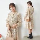 Floral Print Long-sleeve A-line Dress Almond - One Size