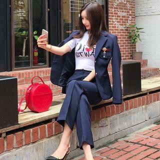 Set: Single-breasted Blazer With Brooch + Boot-cut Dress Pants
