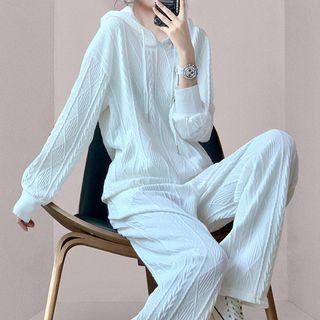 Set: Hooded Cable Knit Sweater + Wide-leg Pants