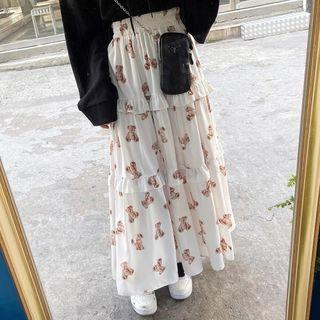 Bear Print Frill Trim Maxi A-line Skirt White - One Size