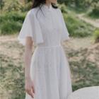 Elbow-sleeve Mandarin Collar Midi A-line Lace Dress