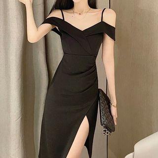 Spaghetti-strap Off-shoulder Slit Sheath Dress