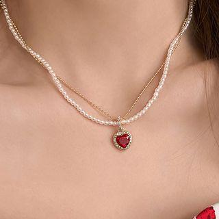 Rhinestone Beaded Layered Necklace Gold - One Size