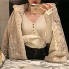 Faux Pearl Button Long-sleeve Rib-knit Top