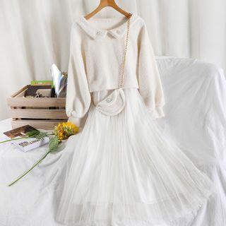 Set: Collared Sweater + Spaghetti-strap Midi A-line Mesh Dress