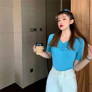 Puff-sleeved Knit Short-sleeved Top