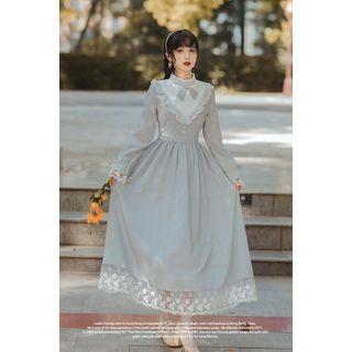 Plaid Lace Trim Long-sleeve Maxi A-line Dress