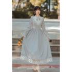 Plaid Lace Trim Long-sleeve Maxi A-line Dress