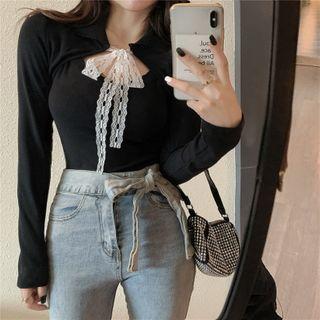 Long-sleeve Tie-front Lace Top