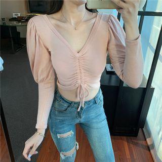 Cropped Drawstring Puff-sleeve Knit Top